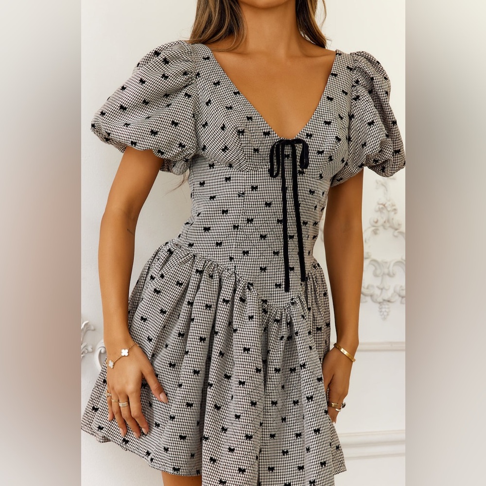 Sofie the Label Bows of Enchantment Mini Dress Puff Sleeve Brown Small NWT - Picture 3 of 16